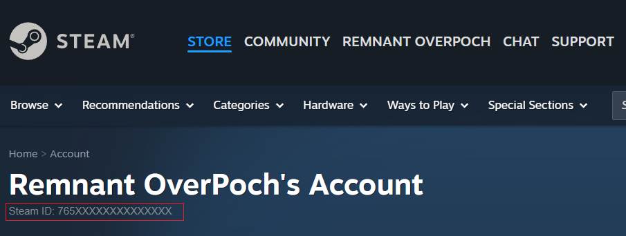 Steam account page showing Steam ID location