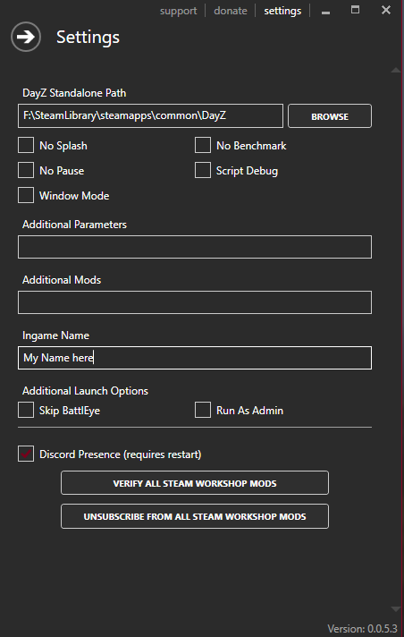 DZSA Launcher settings screen