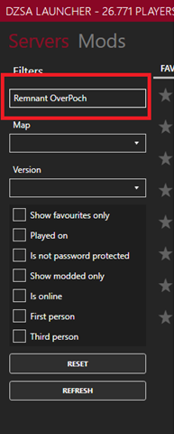DZSA Launcher server filter screen